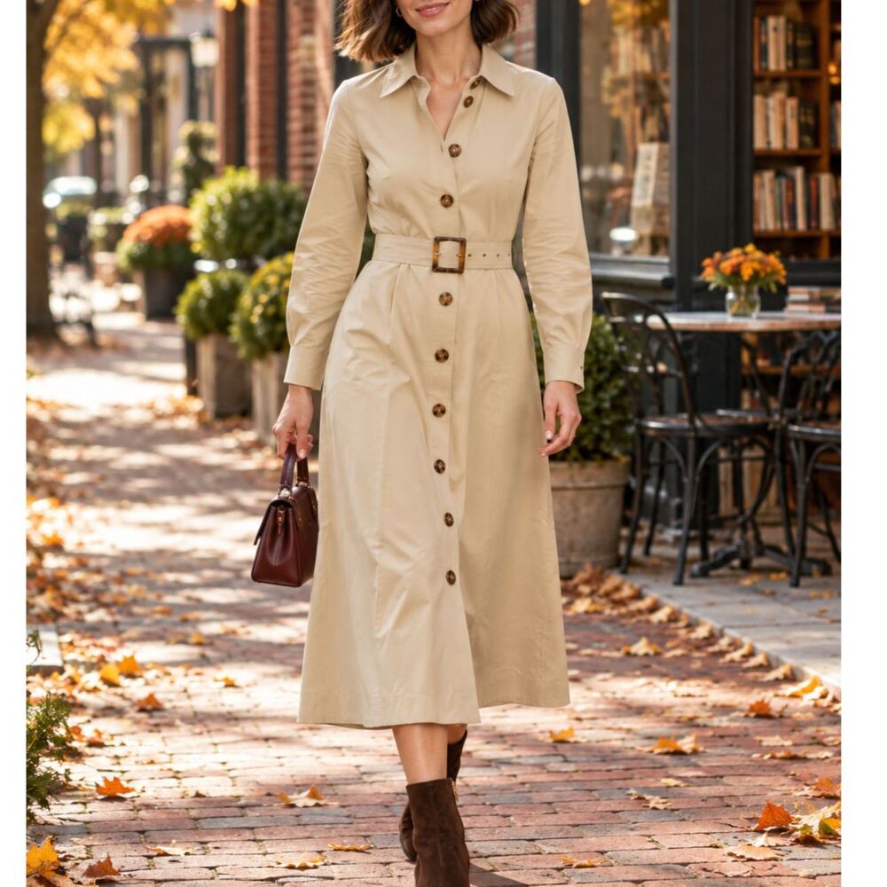 Tuckernuck NWT Chamberlain Coat Dress Tan Khaki Belted Midi XXS Quiet Luxury